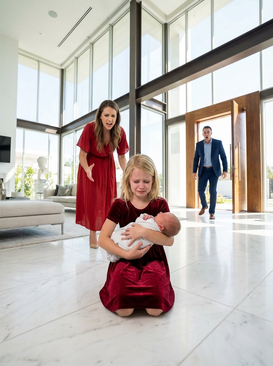 “Dad, Please Don’t Leave Again…” — A Wealthy Businessman Walks Into His Marble Kitchen and Freezes When He Sees His Young Daughter Shielding the Baby From the Woman He Married