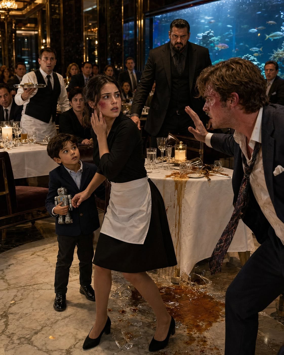 The drunken son of a judge thought he could humiliate anyone inside that luxury restaurant, even a trembling six-year-old boy begging for his toy back. He raised his hand, and I—a broke waitress one mistake away from being fired—took the slap meant for that child. But he had no idea the little boy hiding behind me belonged to the one man in Chicago no one dared to touch.
