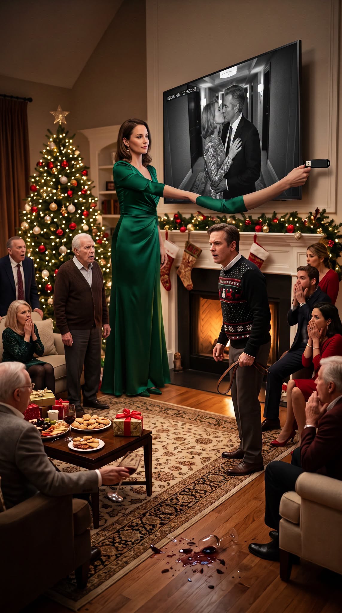 The leather belt was already raised when my husband roared, "You cheated on me! You're going to pay for this!" My in-laws stood frozen around the Christmas tree, waiting for me to beg. Instead, I smiled, pulled a tiny USB drive from my purse, and plugged it into the TV