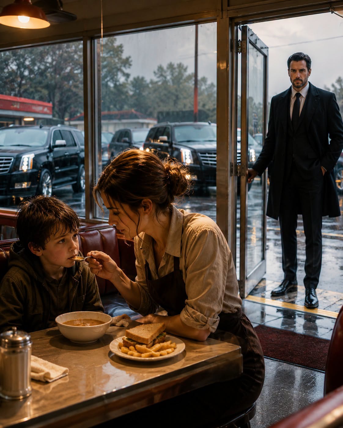 I fed a soaked, shivering boy in my dying diner and asked for nothing in return — by morning, three black SUVs had surrounded my building, and the man who stepped out made me a promise I couldn't refuse.