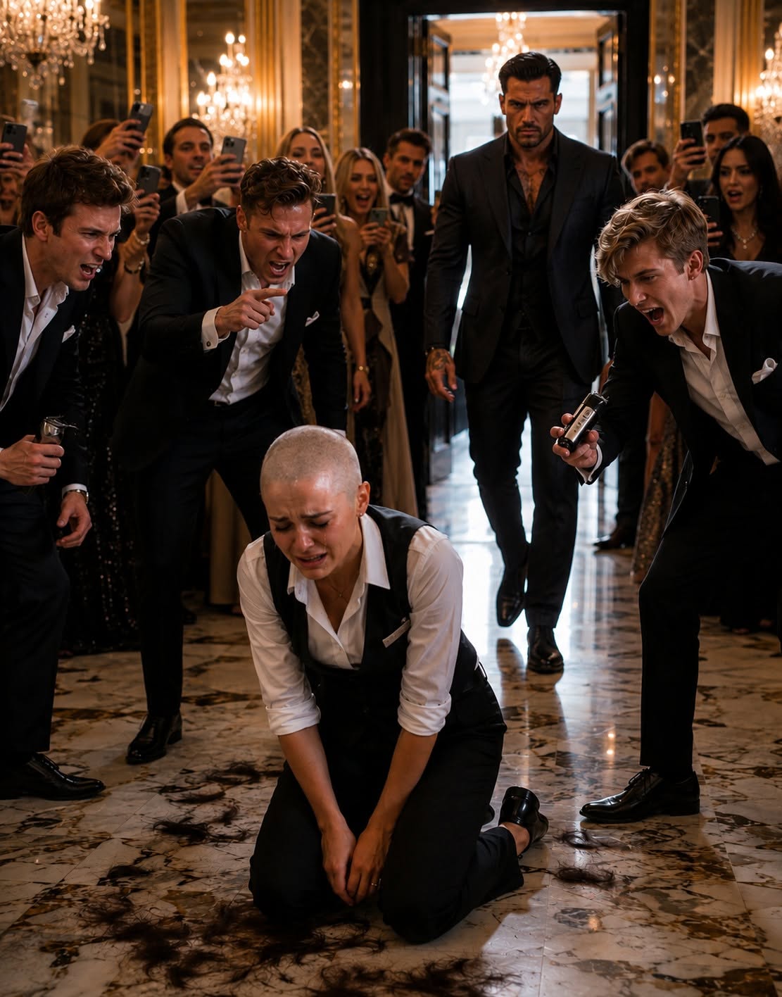 A billionaire’s son grabbed my braid, cut it off, and let his friends shave part of my head while a ballroom full of wealthy guests laughed and filmed. Then my husband walked through the doors—and the men who treated me like I was nobody realized the entire event, the building, and their futures were tied to him.