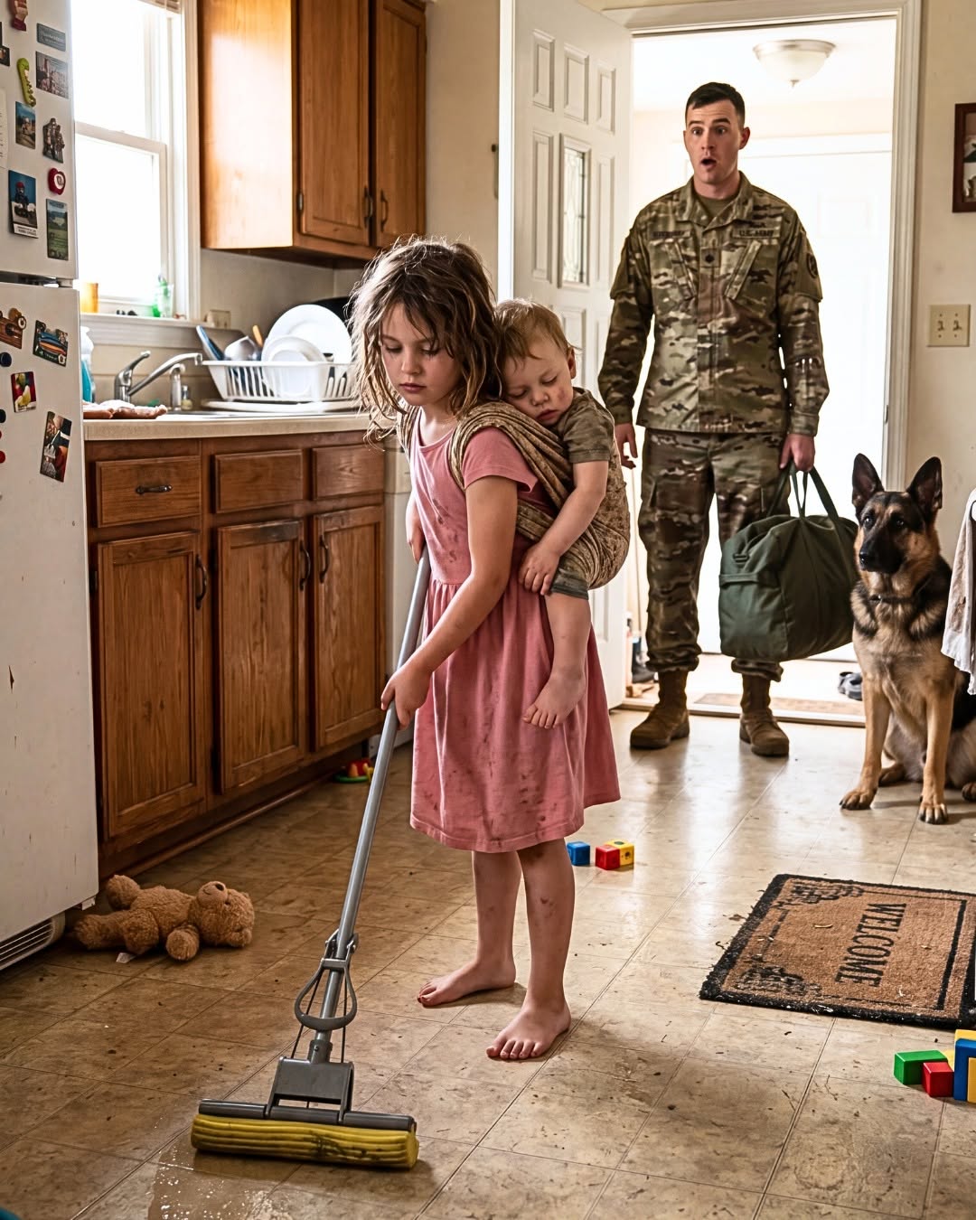 I returned after two years away, certain my children would be waiting for me with their mother. Instead, I found them alone, an empty refrigerator, and a dog standing guard by the front door 🐕💔. My daughter looked at me and simply said, “Mom left, and I’ve been taking care of Noah.” Then I opened a bank envelope and realized something far worse was about to unfold.