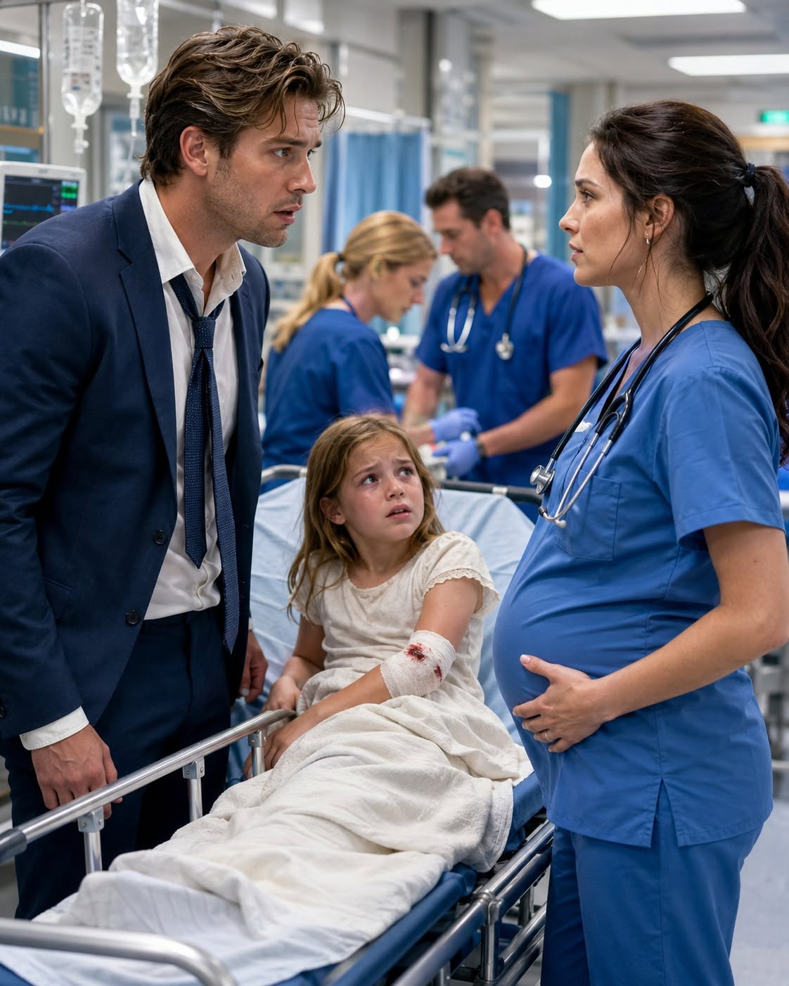 My ex rushed into my ER carrying his injured daughter, only to find me, the doctor he abandoned, seven months pregnant with his baby. I didn't cry. I stayed completely professional. "I'm Dr. Adelaide," I said, ignoring his eyes staring at my belly. But when his daughter whispered one simple sentence, his face went completely pale...
