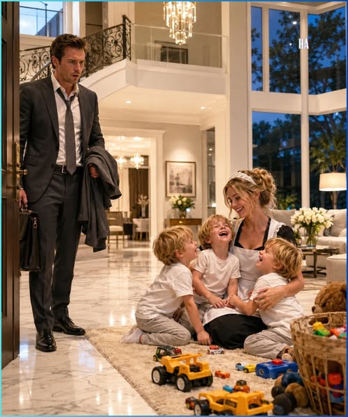 A tired millionaire came home and found his triplets laughing with the maid his ex-wife wanted destroyed