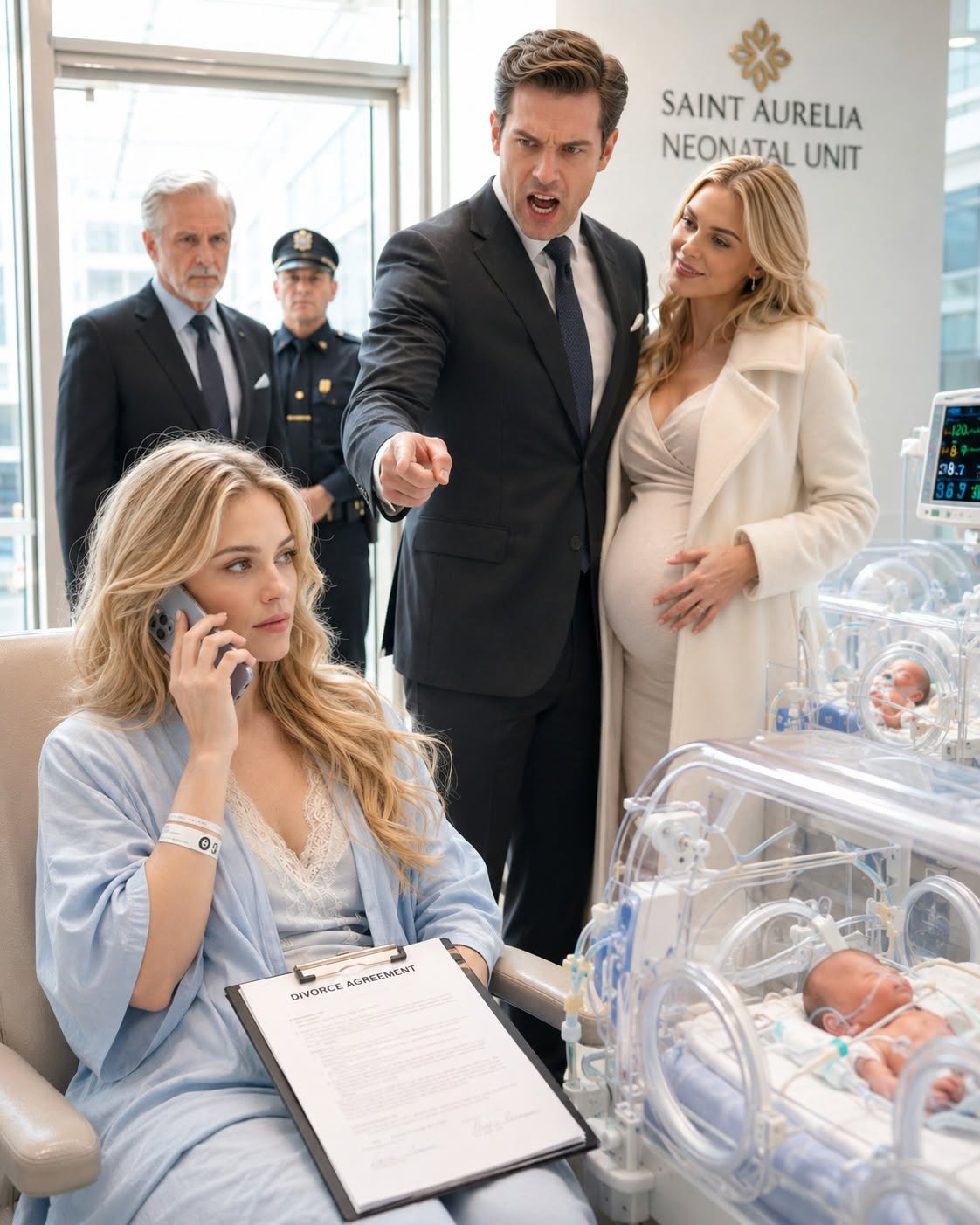 2While I sat beside my premature twins in the NICU, my husband dropped divorce papers onto my lap and told me he had emptied every joint account. His pregnant mistress stood beside him wearing the custom maternity coat I had bought for myself. He thought I was helpless—until I signed the papers, picked up my phone, and called the billionaire grandfather he never knew existed.