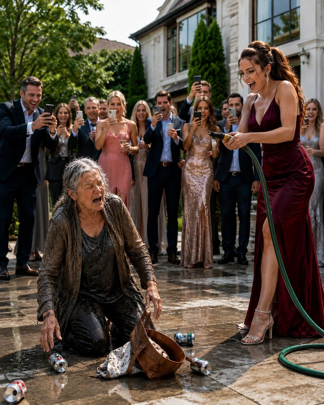 "I Arrived At My Son's Engagement Party Dressed As A Homeless Woman… His Fiancée Knocked Me To My Knees With A Garden Hose, Called Me A Filthy Beggar, And Their Guests Cheered And Filmed My Humiliation —She Didn't Know Every Second Was Being Recorded Or That I Owned Everything Around Her