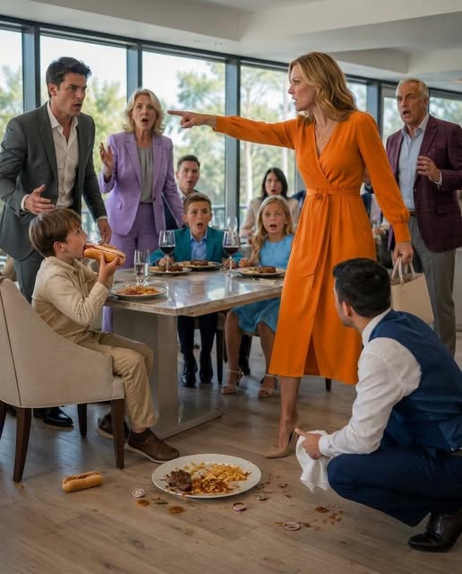My brother gave my son a hotdog while his kids ate $120 steaks, and mom told me I should have packed food, so when the waiter returned, I stood up and made one announcement that silenced everyone...