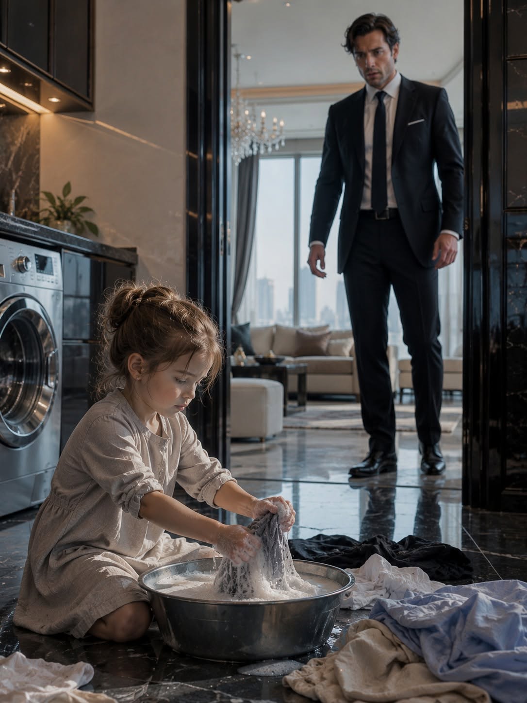 The Billionaire Came Home Early and Found a Toddler Washing His Clothes Before One Tiny Confession Broke His Heart