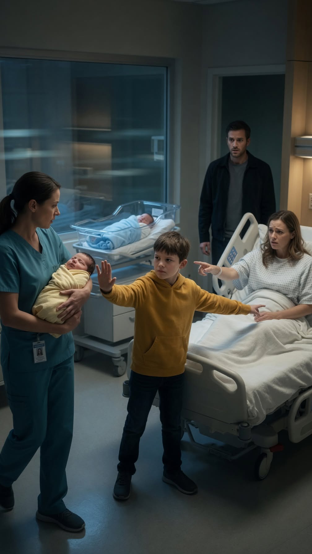 The nurse had already started pushing the newborn toward Claire’s room when ten-year-old Noah Bennett stepped in front of the bassinet.