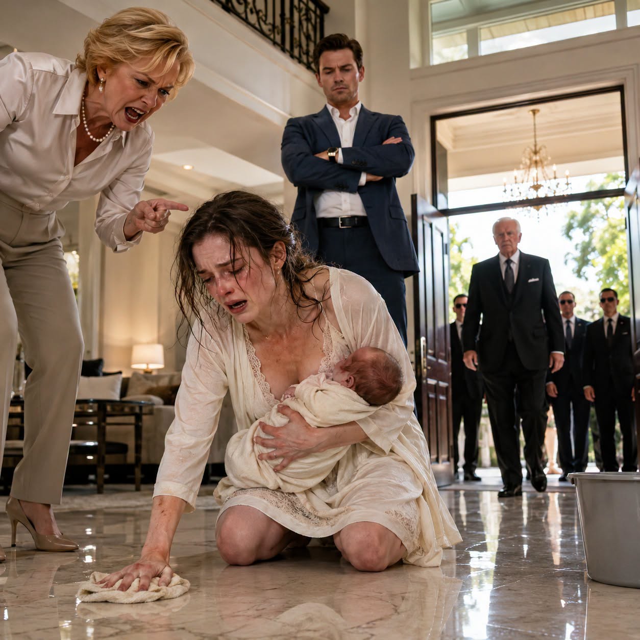 My heart stopped twice in the delivery room. Three days after fighting for my life in intensive care, I staggered home bleeding beneath fresh stitches, my newborn daughter in my arms. My mother-in-law dumped filthy water over my feet. “You’ve rested enough,” she sneered. “Clean the kitchen