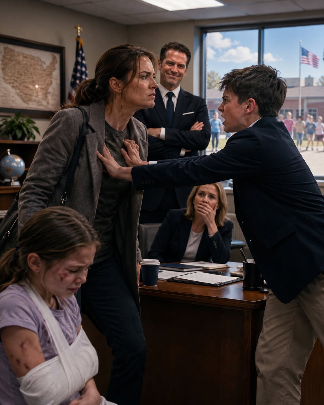 My 11-year-old daughter came home with a broken arm and bruises all over her body. After rushing her to the hospital, I went straight to the school to find the bully—only to discover his parent was my ex. He laughed when he saw me. “Like mother, like daughter. Both failures.” I ignored him and questioned the boy. He shoved me and sneered, “My dad funds this school. I make the rules.” When I asked if he hurt my daughter and he said yes, I made a call. “We got the evidence.” They chose the wrong child—the daughter of the Chief Judge.