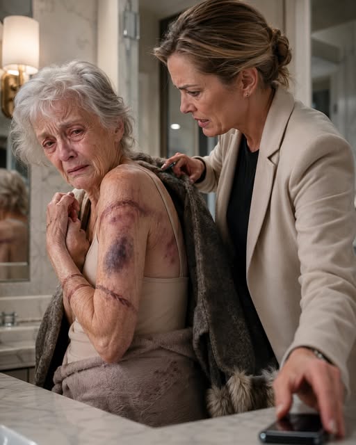 I came home to visit my elderly mother, but when I offered to help bathe her, she shrank back in terror. “Please… don’t take off my coat,” she pleaded, her body trembling. The moment I carefully slipped it from her shoulders, I saw dark bruises and rope marks covering her fragile skin.