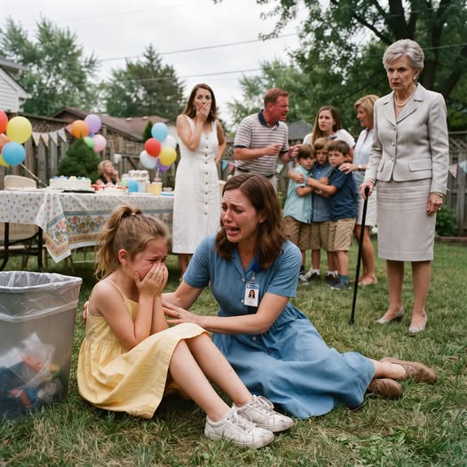 At My Cousin’s Party, My 7-Year-Old Daughter Was Mocked As “Poor” And Told Her Mom Was Just A “Lowly Nurse.” They Forced Her To Sit Beside The Trash While Everyone Laughed—Until My Husband’s Wealthy Grandmother Found Out And Made One Announcement.