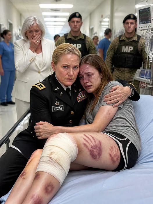 My daughter lay trembling in a hospital bed, dark bruises marking her skin. “They locked me away and hurt me,” she sobbed. At the doorway stood her billionaire husband and his mother, smug and completely unrepentant. “She only fell,” the mother-in-law sneered, looking at my Army uniform with contempt. “