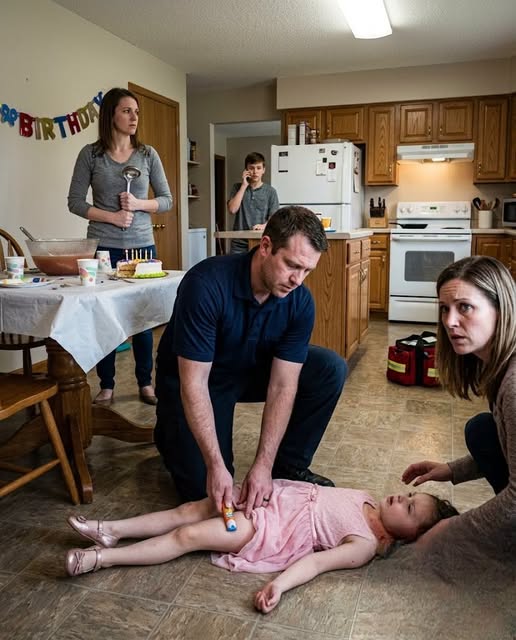 My husband had just finished a first-responder shift when our daughter dropped beside her birthday cake and stopped breathing normally. He ordered everyone back, lifted her chin, and asked what she’d consumed. My sister answered too fast, but when I said, “Check the pantry camera,” her hand tightened around the ladle—and the room finally noticed she wasn’t scared for Harper.