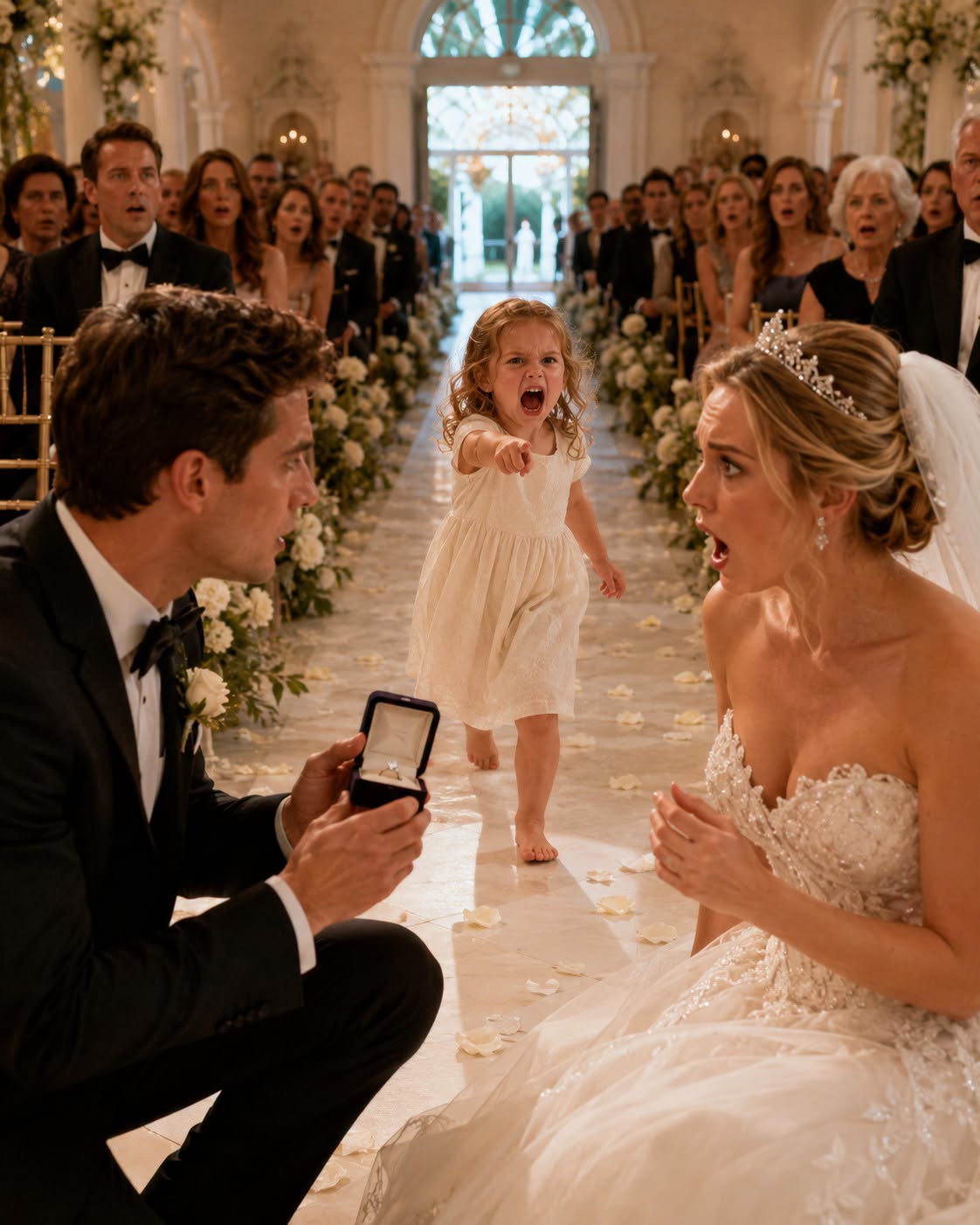 I was about to place a diamond ring worth more than most people earn in a decade onto my bride's finger when a barefoot three-year-old girl ran straight down the aisle and screamed, ""Don't marry her!"" In one heartbeat, the music stopped, hundreds of guests fell silent, and the perfect wedding I had spent months planning began to collapse before my eyes.