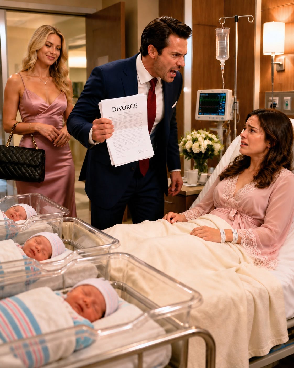 One of the happiest days of my life turned into the moment my entire world exploded. Just hours after giving birth to my three beautiful baby boys, my husband walked into my hospital room... holding another woman's hand. She stood there with a smug smile, carrying a black Birkin bag like she had already won, while he tossed divorce papers onto my hospital bed and looked at me with complete disgust.