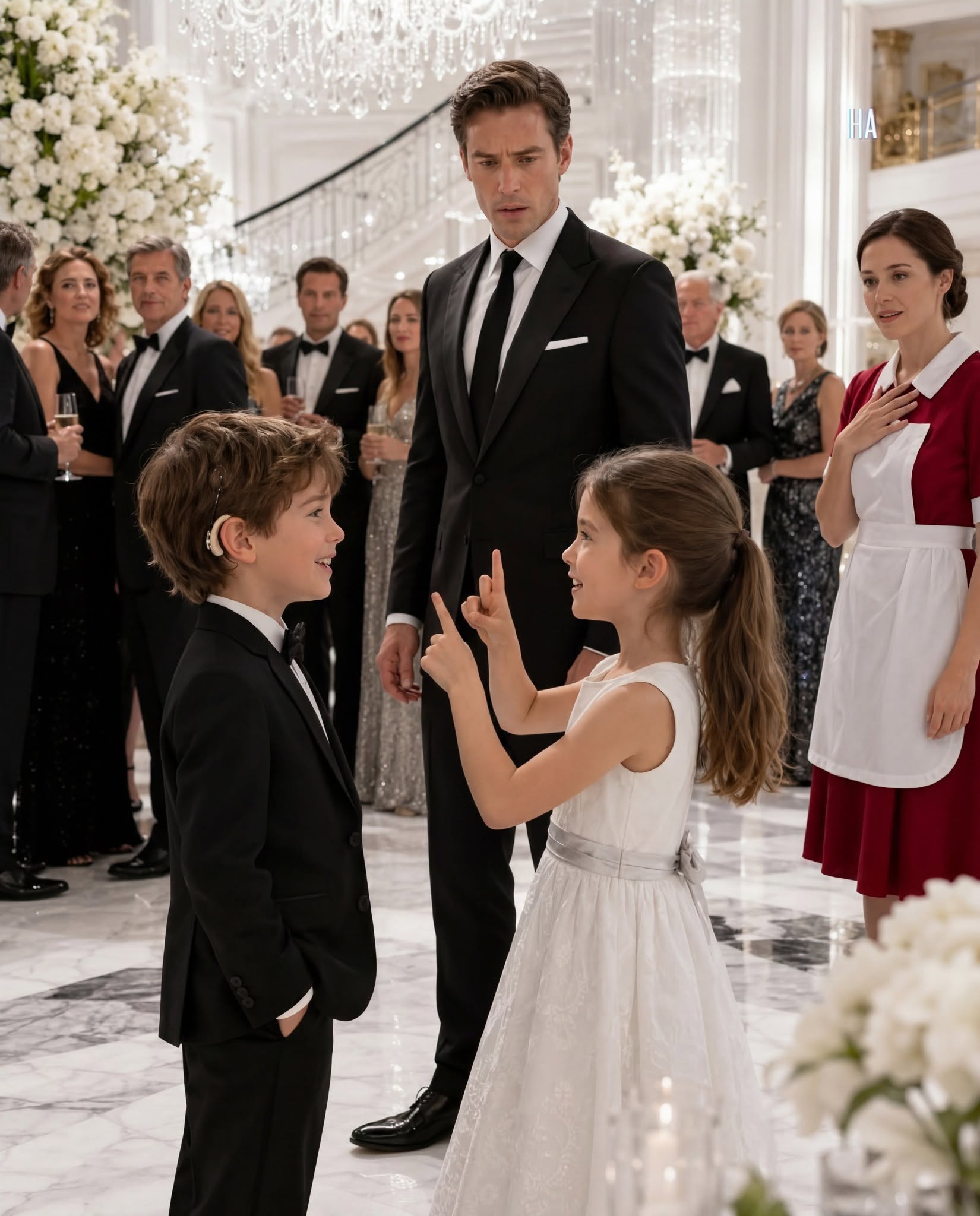 The CEO forgot his deaf son in a room full of millionaires, until the maid’s daughter raised her hands and made him smile