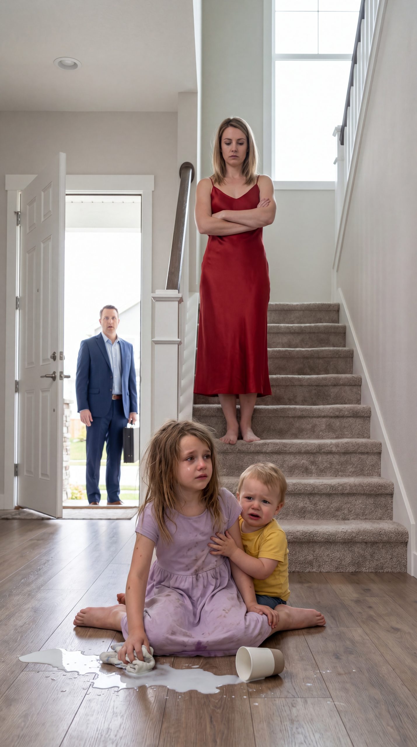 On the Quiet Hallway Floor, a Little Girl Whispered “We’ll Be Good…” to Her Stepmother While Holding Her Baby Brother — Unaware Her Father Was Standing There, Finally Seeing the Truth He Had Missed for Far Too Long