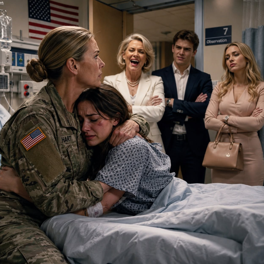 My daughter whispered, “Mom, come get me,” from a hospital bed—her wealthy in-laws laughed at my uniform until they discovered who I had called from the parking lot…