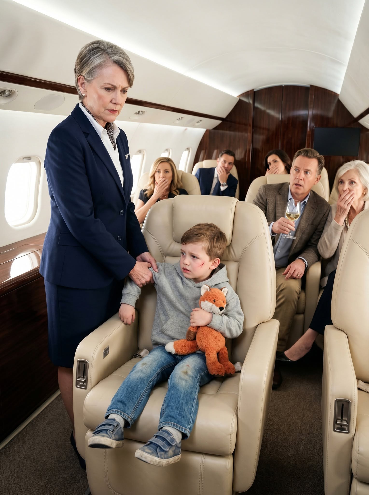 “You Don’t Belong In First Class,” A Senior Flight Attendant Told A Quiet 5-Year-Old Boy—Then Reached For His Arm To Remove Him… But When Another Crew Member Pulled Up His Name And Suddenly Went Silent, The Entire Cabin Realized This Wasn’t Just A Seating Mistake