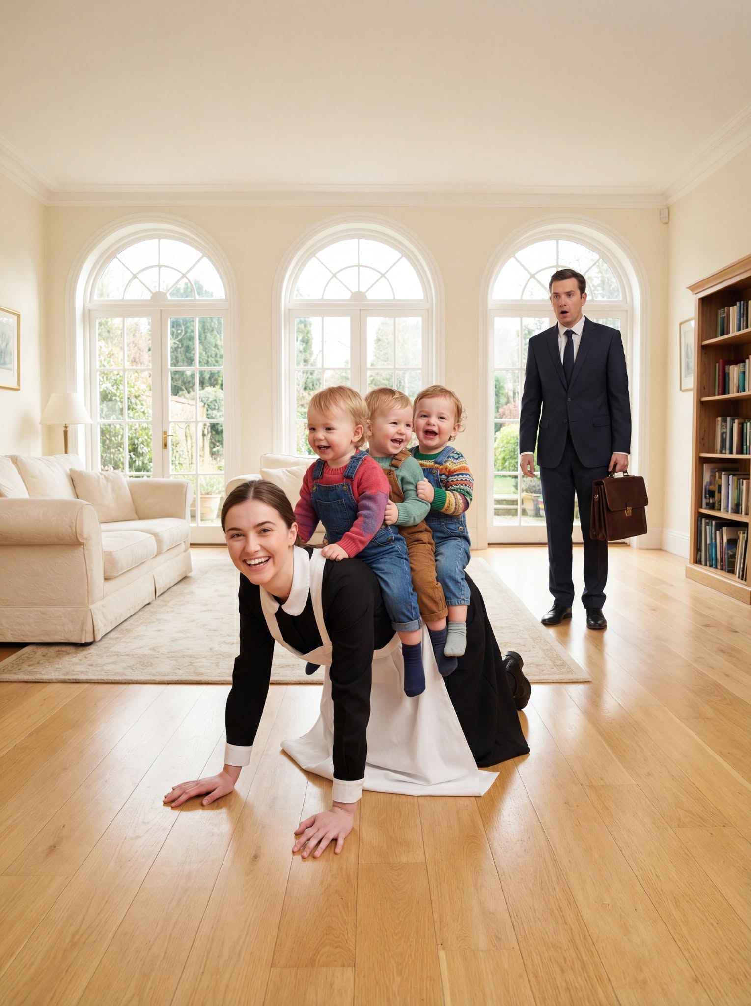 A widowed billionaire had accepted that his triplets might never smile again—until he came home early and found them riding on the back of a woman he barely knew.