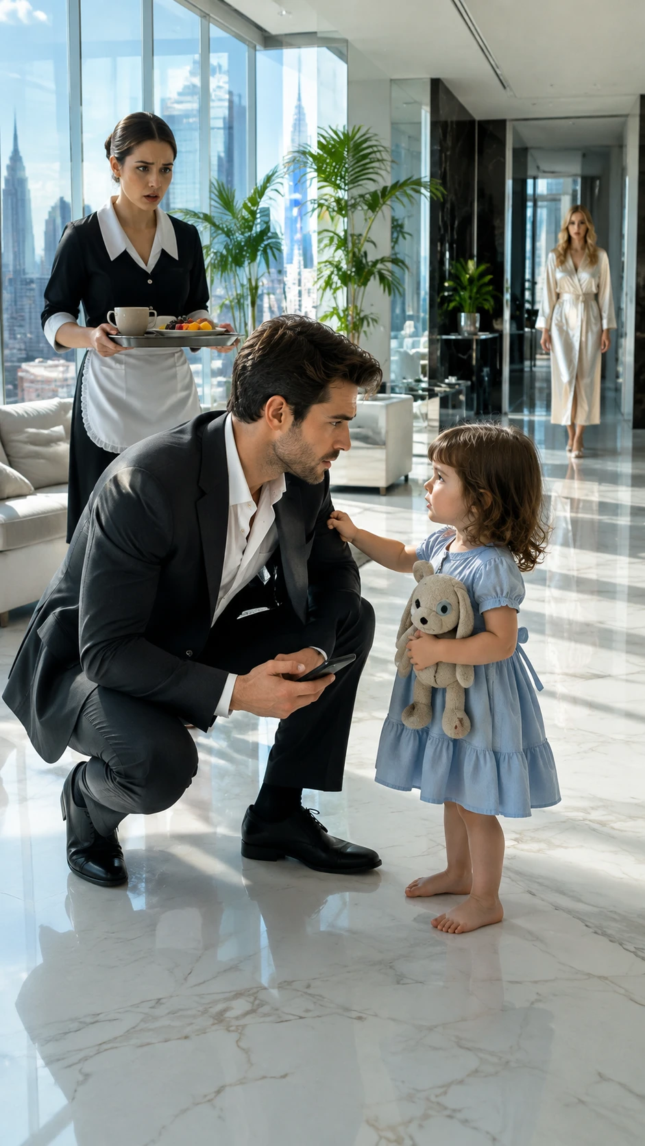 A three-year-old girl looked up at the billionaire who controlled half of Manhattan and whispered, “I’m dirty… because Miss Veronica said Mama steals.” He thought it was just a cruel misunderstanding—until the child pointed behind the shoes in his fiancée’s dressing room and revealed a blue box that could expose the monster living inside his own home.
