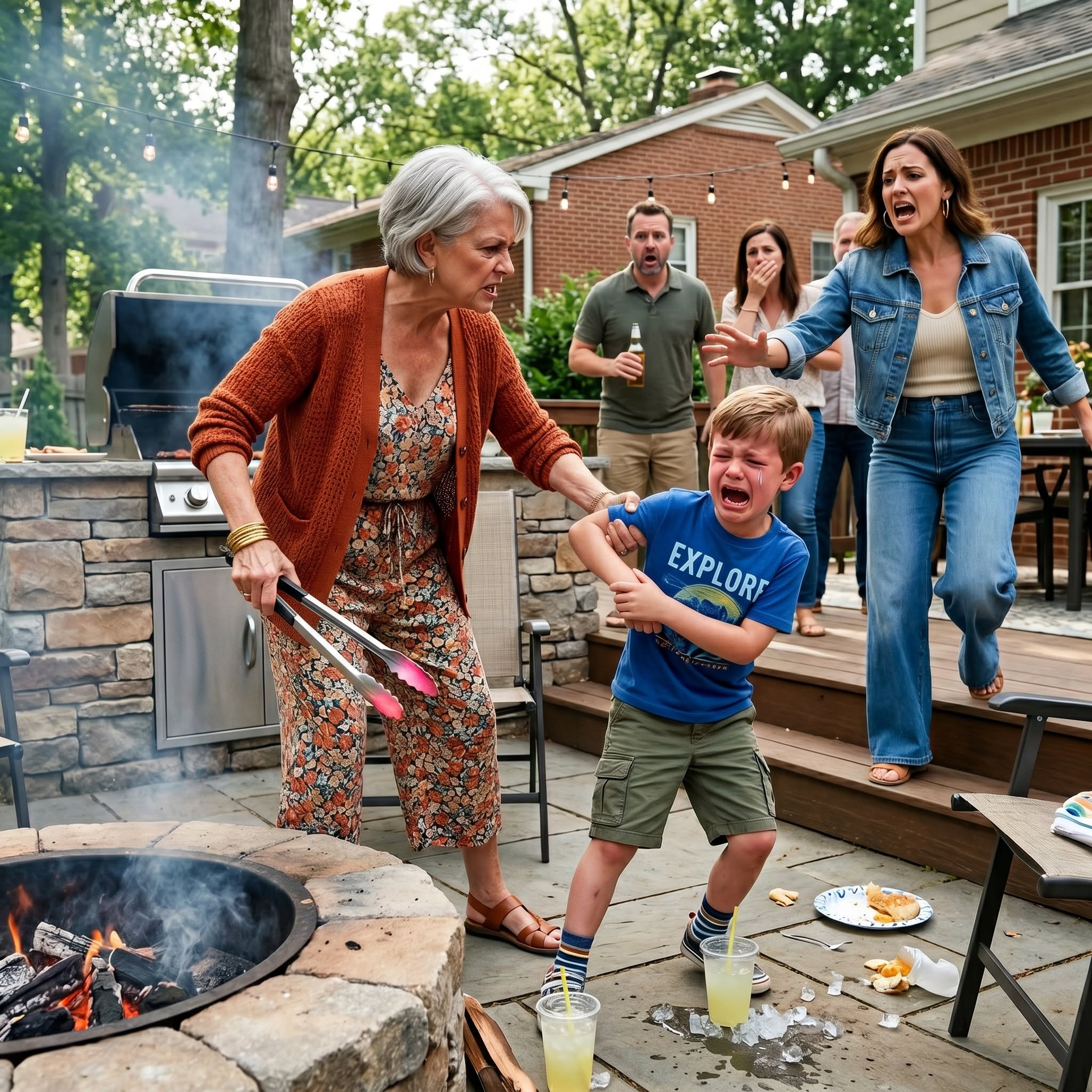 At my family’s BBQ party, my nephew crashed into my 7-year-old son and fell. Before I could explain the truth, my mother grabbed a red-hot BBQ tong from the fire and pressed it into my little boy’s hand. As he screamed in pain, my family brushed it off—until one sound made them all go pale.