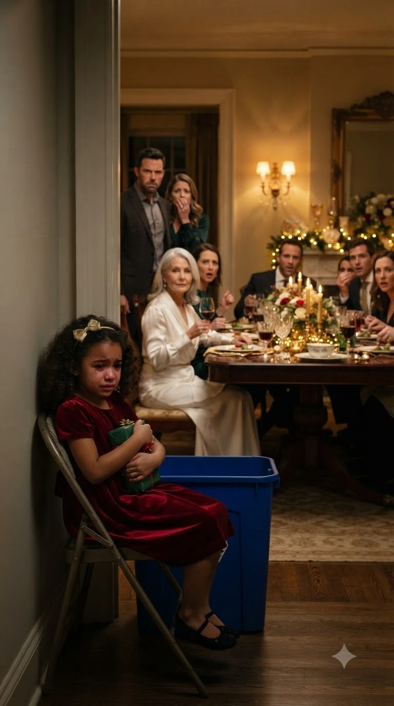 MY MOTHER SEATED MY 8-YEAR-OLD ADOPTED DAUGHTER BESIDE THE TRASH AT CHRISTMAS AND SAID SHE WASN’T “REAL FAMILY”—so I reached into my coat, pulled out a thick envelope, and made one decision that left 23 relatives completely silent...