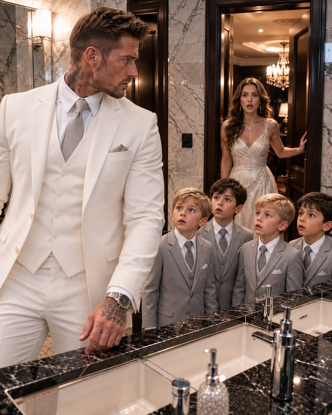 Four little boys in matching navy uniforms walked into a restaurant bathroom hours before my million-dollar engagement. Five minutes later, I stared into four identical versions of my own face.