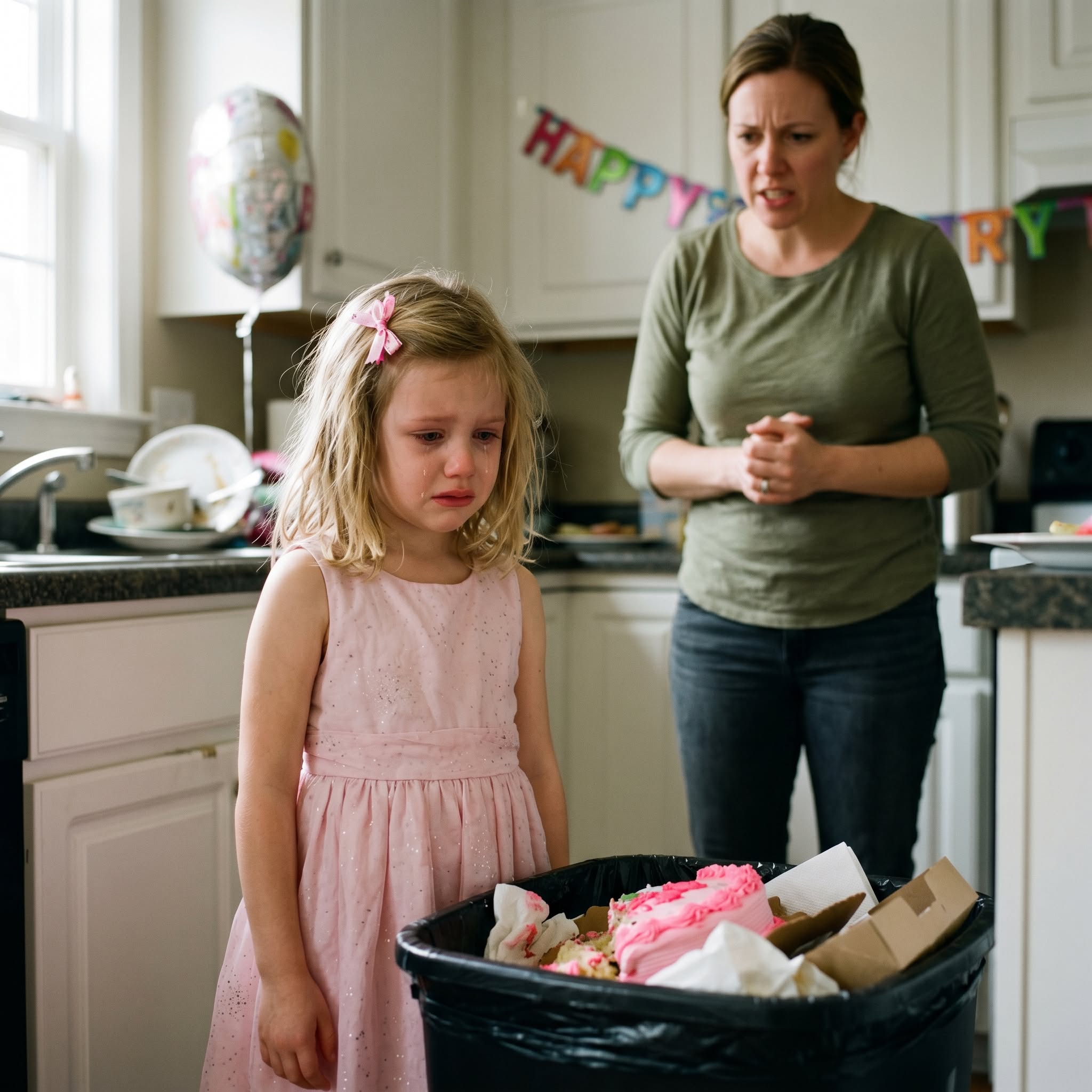My mom threw my daughter’s birthday cake in the trash and snapped: “Stop crying! It’s just a cake!” My 7-year-old just stared as she laughed.