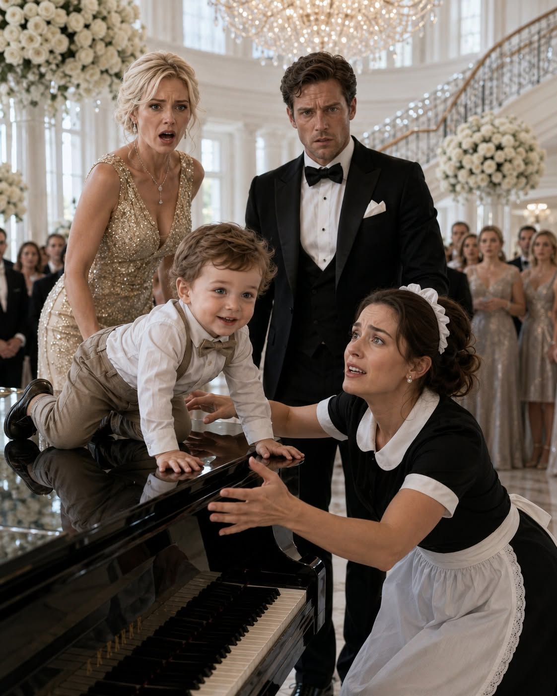 The billionaire’s fiancée shoved my three-year-old son off the piano bench and said coldly, “Teach your child to know his place.” But seconds later, when Ethan Caldwell looked into Leo’s tear-filled eyes, the keys slipped from his hand and crashed onto the marble floor—because those eyes were exactly like his.