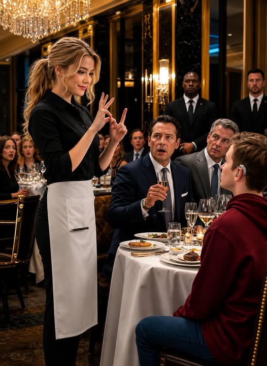 A billionaire mocked his deaf son in front of an entire luxury restaurant, daring a waitress to "try talking to him" while his wealthy friends laughed without shame. They expected me to stand there in silence—but the moment I answered in sign language, the young man's eyes filled with tears, and his father's smug smile vanished.