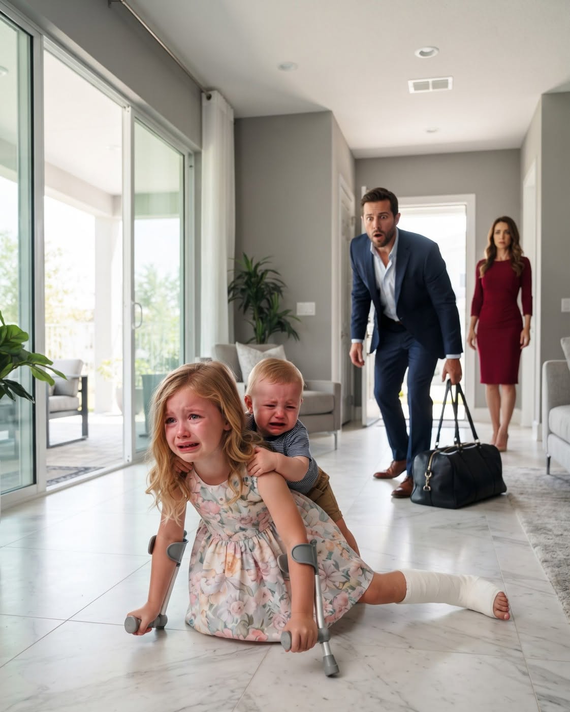 A father returned home expecting a quiet reunion, but instead found his young daughter crawling across the floor while protecting her weak baby brother. When she looked up and whispered, “Dad… I tried to keep him safe,” he realized the person he trusted most had hidden a truth that would change his family forever.