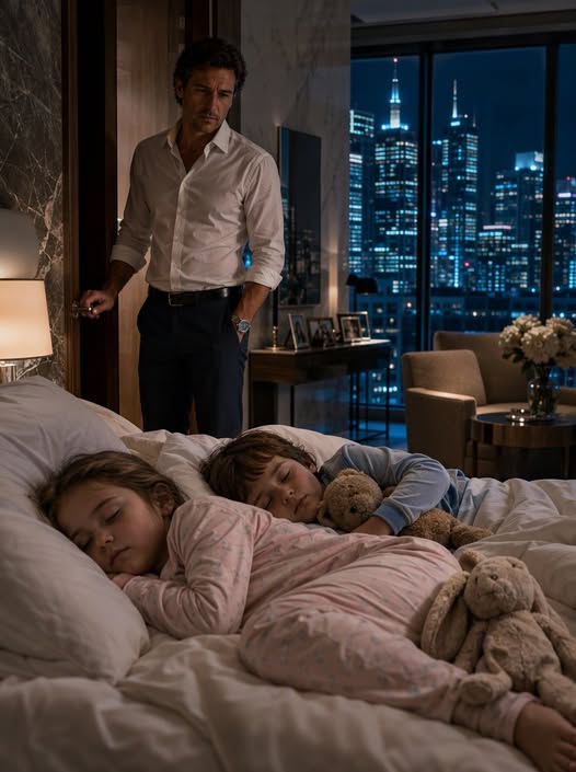 He returned to his hotel suite after midnight just to pick up a forgotten report. But when he opened the door, he found two little twins asleep in his bed… and a terrified housekeeper begging him not to call security.