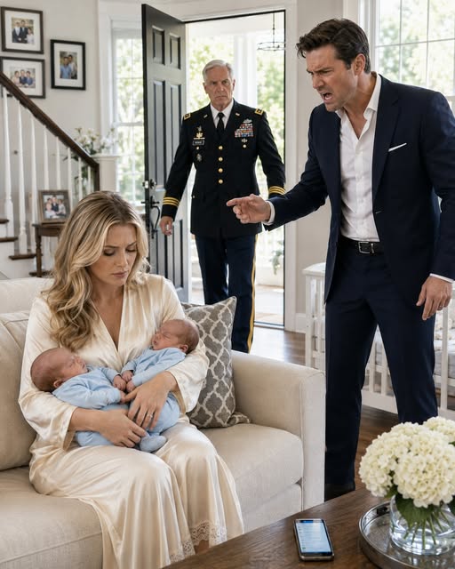 My Husband’s Phone Lit Up Beside Our Three-Week-Old Twins: “You Said the Divorce Would Be Finished Before the Babies Arrived. I’m Pregnant.” I Didn’t Confront Him—I Took One Photo of Our Sleeping Sons and Sent It to His Retired Army Colonel Father. Twenty-Eight Minutes Later, He Arrived at Our Door in Full Dress Uniform—and What He Did After My Husband Came Downstairs Left Him Completely Speechless