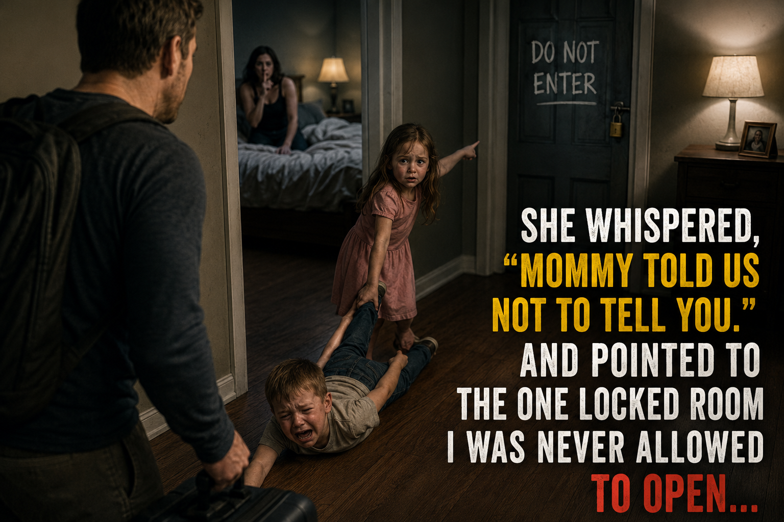 I CAME HOME AFTER TWO WEEKS AWAY AND FOUND MY FIVE-YEAR-OLD DAUGHTER DRAGGING HER WEAK BABY BROTHER ACROSS THE FLOOR—then she whispered, “Mommy told us not to tell you,” and pointed toward the ONE LOCKED ROOM I was never allowed to open…