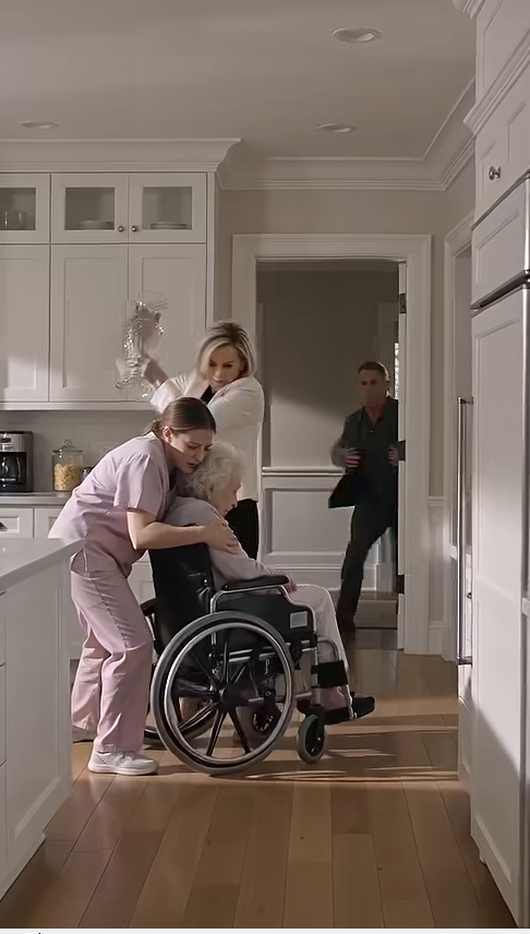 The shocked Husband shouted across the open-plan kitchen after discovering his sophisticated Wife holding a heavy crystal vase over his disabled Mother.