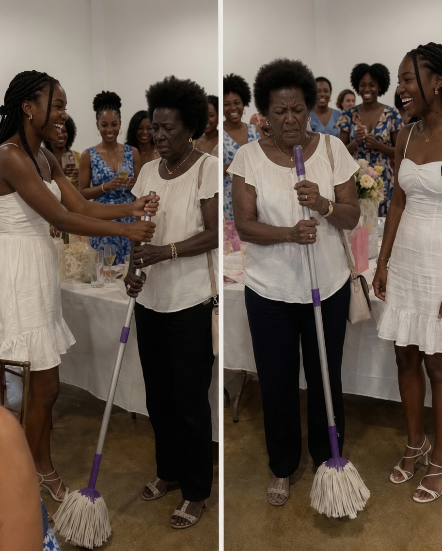 My future DIL handed me a mop in front of 20 guests at her bridal shower and told me to "earn my meal" — the gift I pulled out of my purse made the whole room gasp.