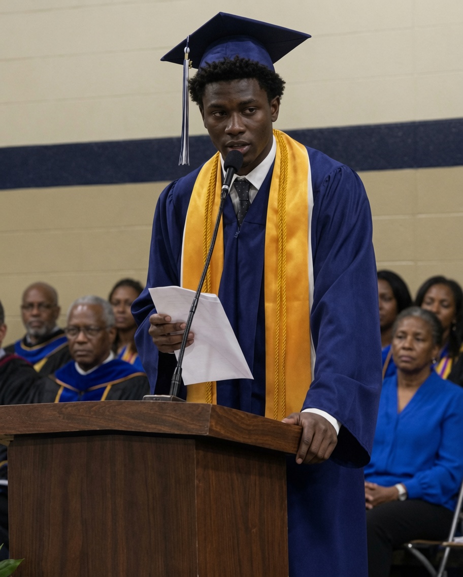 My son's valedictorian speech stopped halfway through — then he looked at his stepfather and said, "Sorry, I can't pretend nothing has happened.