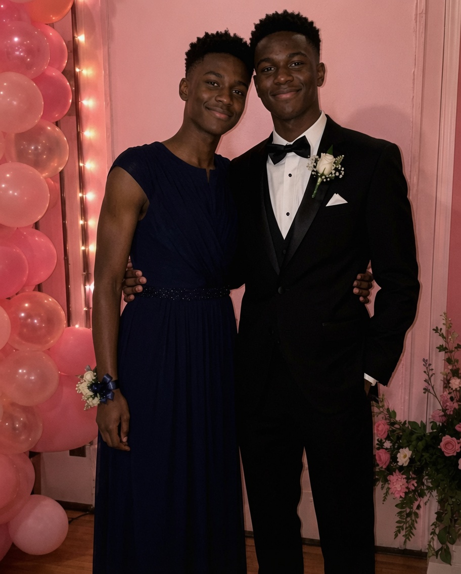 The whole school laughed when I showed up to prom in a dress with my boyfriend — then the principal called us onto the stage, and his words left everyone in shock.