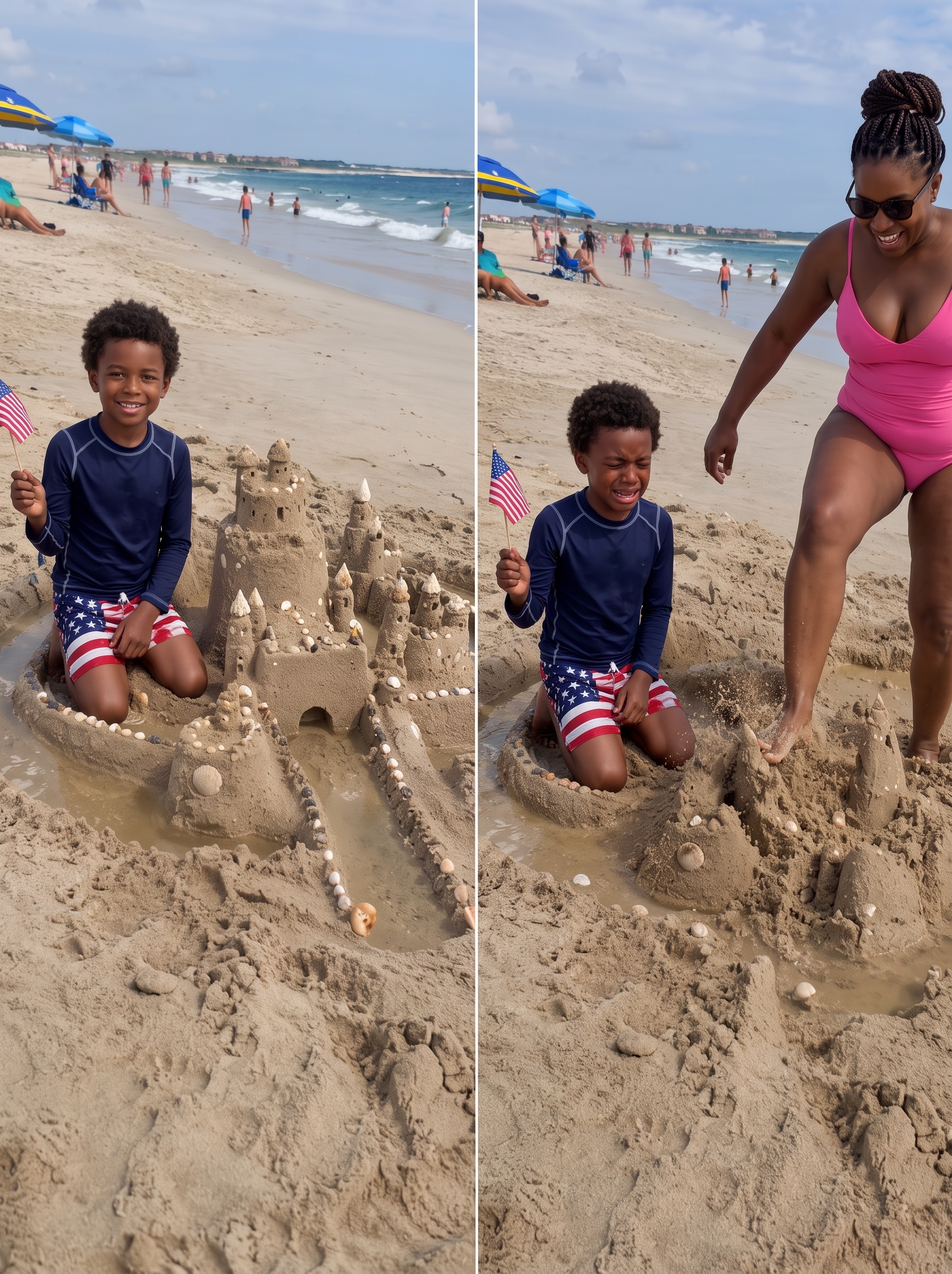 An entitled woman destroyed my son's sandcastle because it "blocked her view"—twenty minutes later, a lifeguard walked straight toward her carrying a golden box.