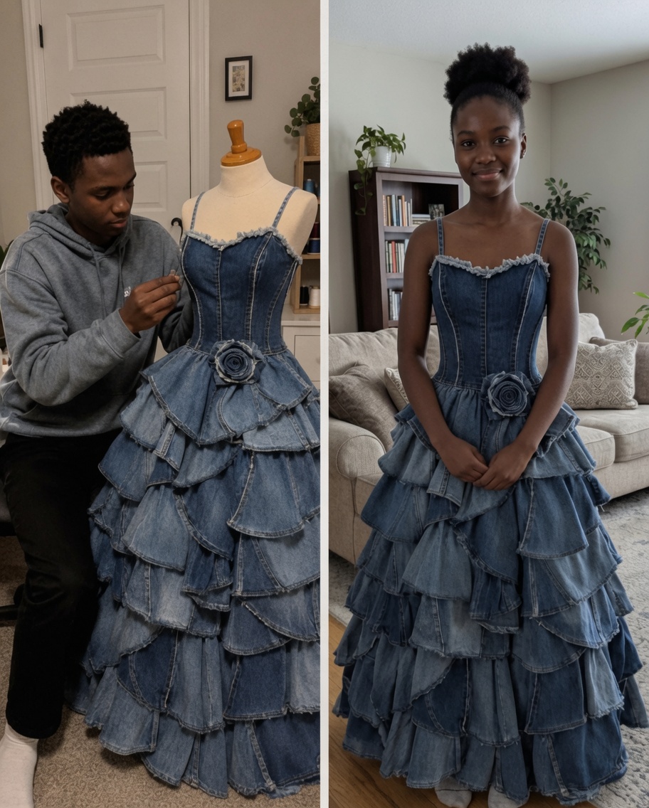 My stepmom MOCKED the prom dress my younger brother sewed for me from our late mom's jeans — but karma had other plans for her.