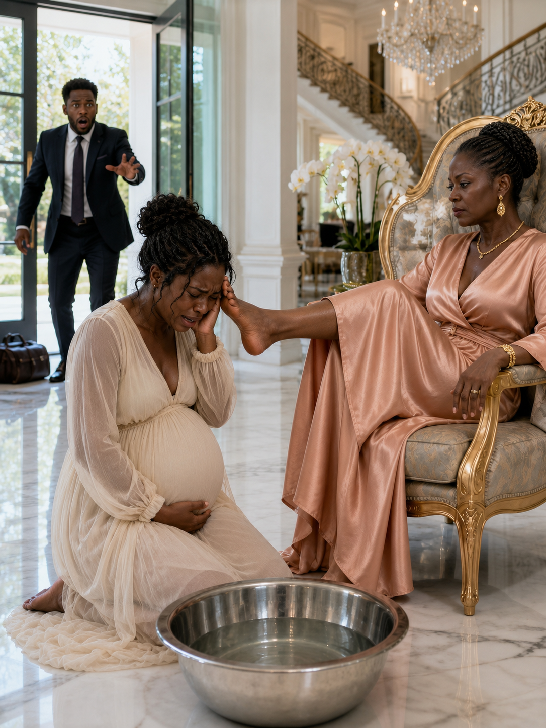 I returned for some confidential documents and found my 8-month pregnant wife kneeling, crying while scrubbing my mother's feet.
