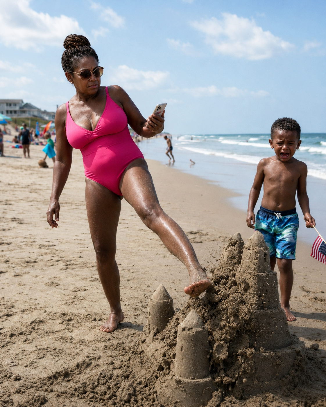 An entitled woman kicked my son's sandcastle into the ocean because it "ruined her view" — twenty minutes later, the lifeguard walked straight toward her carrying a golden box.