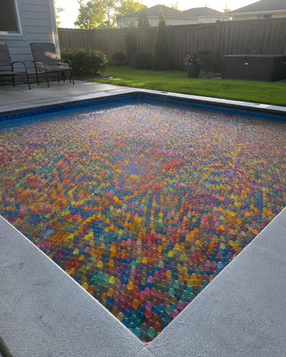 I woke up to find my entire swimming pool filled with Orbeez — when we finally uncovered what was hidden at the bottom, police cars began arriving at our house within minutes.