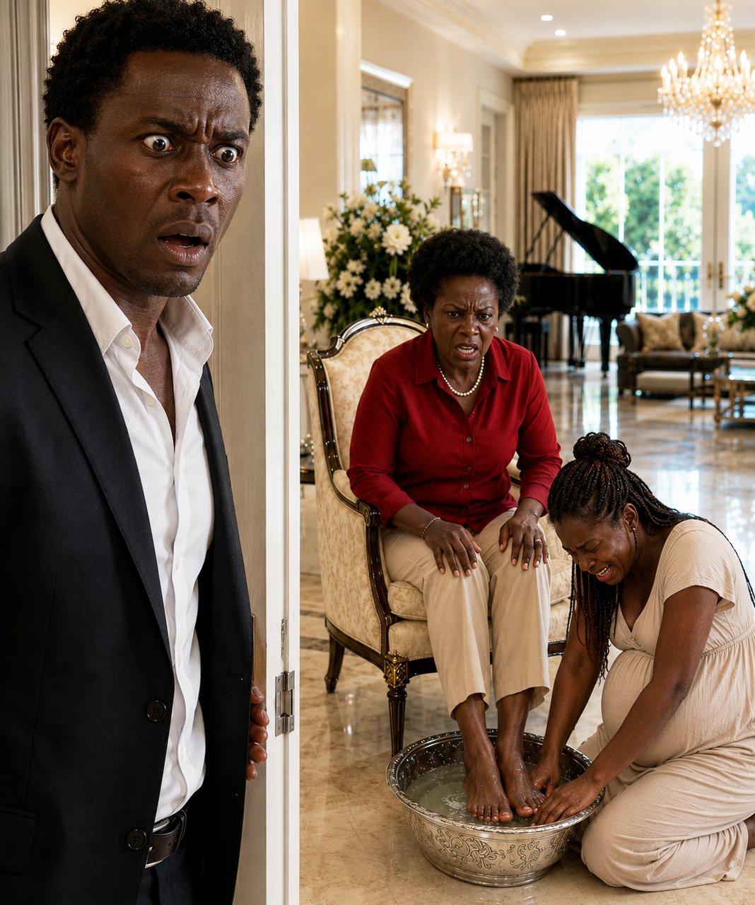 I came home earlier than expected and found my wife, eight months pregnant, kneeling on the marble floor, crying uncontrollably as my mother asked her to wash her feet.