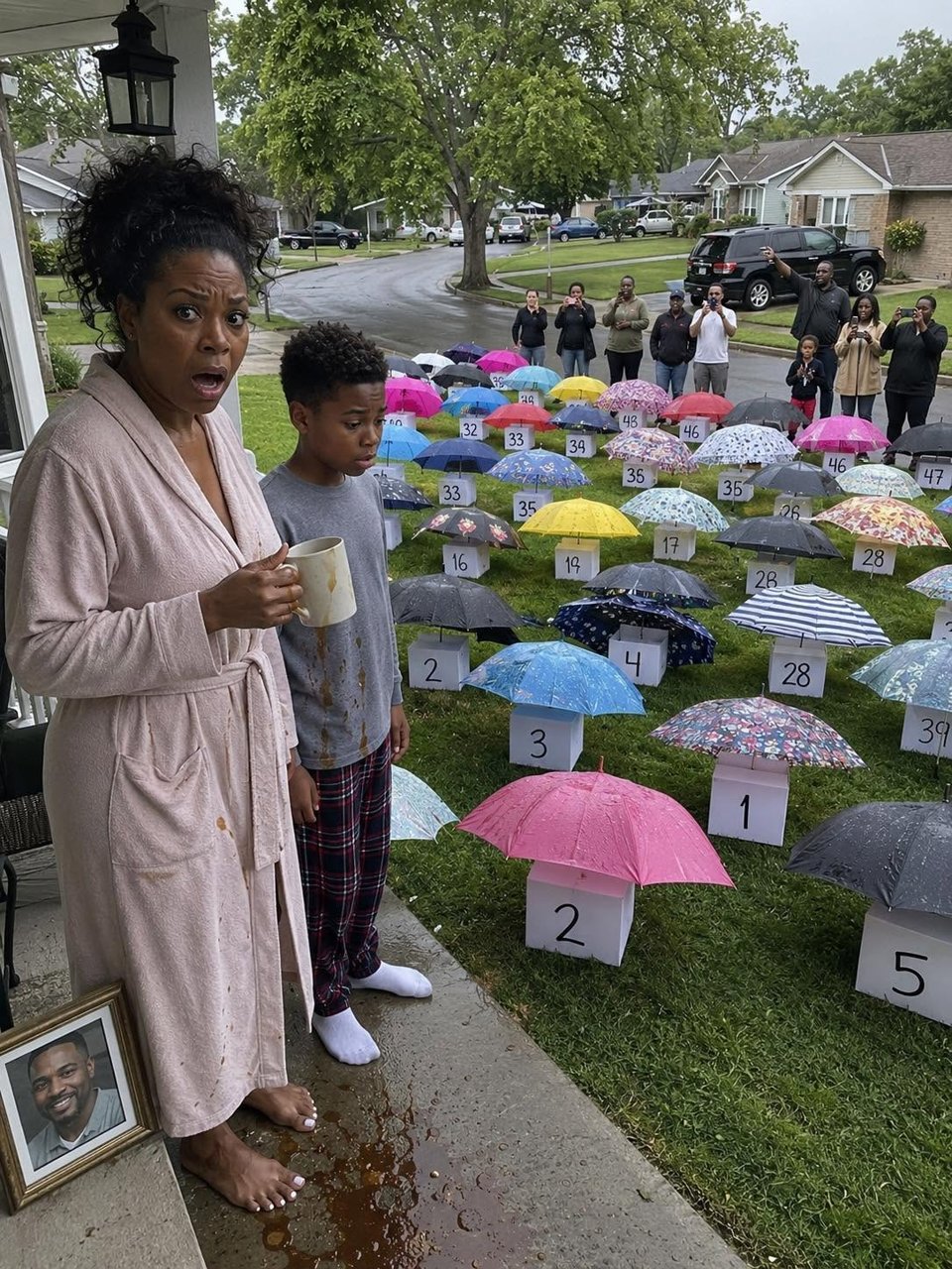 My son gave his umbrella to a pregnant stranger in the rain — the next morning, 47 umbrellas appeared on our lawn, each with a numbered box.