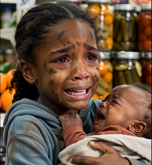 The little girl waited near the grocery store doors with a baby on one hip and a carton of milk gripped in her shaking hand.
