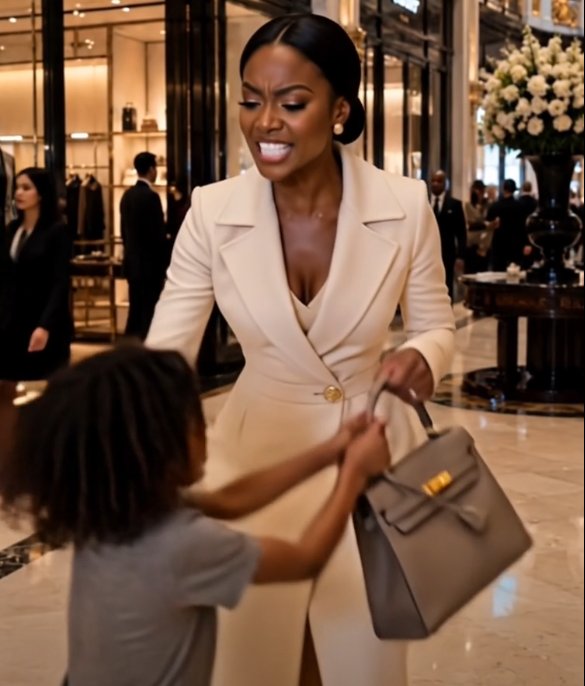 A sophisticated, high-ranking Black female CEO stands proudly in the middle of a bustling, ultra-luxurious shopping mall, framed elegantly against the upscale storefronts of Burberry and Cartier.
